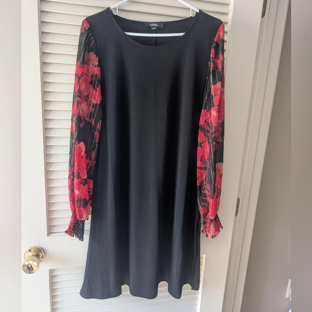 MSK Black Dress with Gold and Red Floral Sleeves Special Occasion Size Large